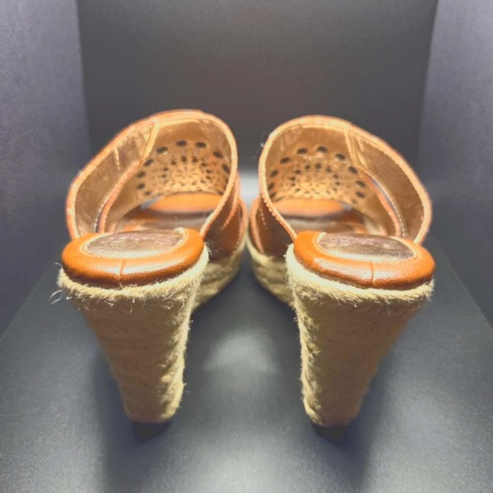 Söfft Leather Studded Cutout Espadrille Wedge Mule Sandals 6.5M Cognac - Picture 6 of 11